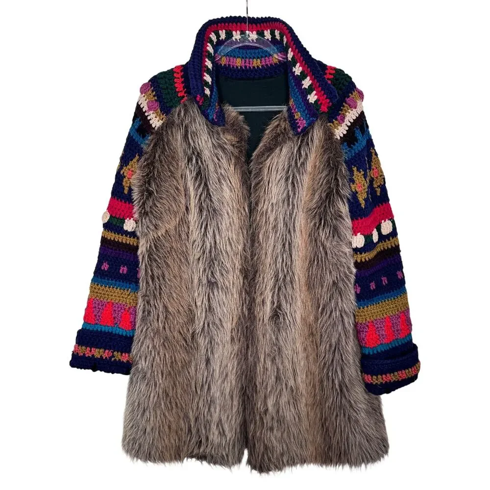 Handmade Upcycled Faux Fur Crochet Coat Boho Folk Art Festival Jacket Unisex M/L
